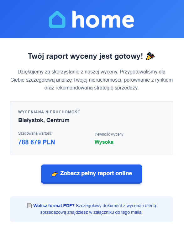 gotowa wycena od home estate wyslana na maila